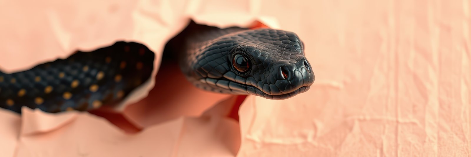 Snake emerging from a hole in torn paper in a close-up view capturing its detailed scales and expression